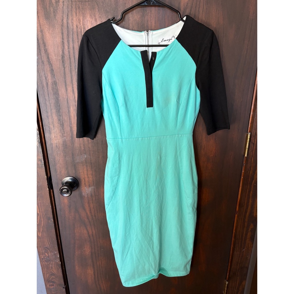 Emage Womens Colorblock Sheath Dress Teal Black Exposed Back Zipper Size S